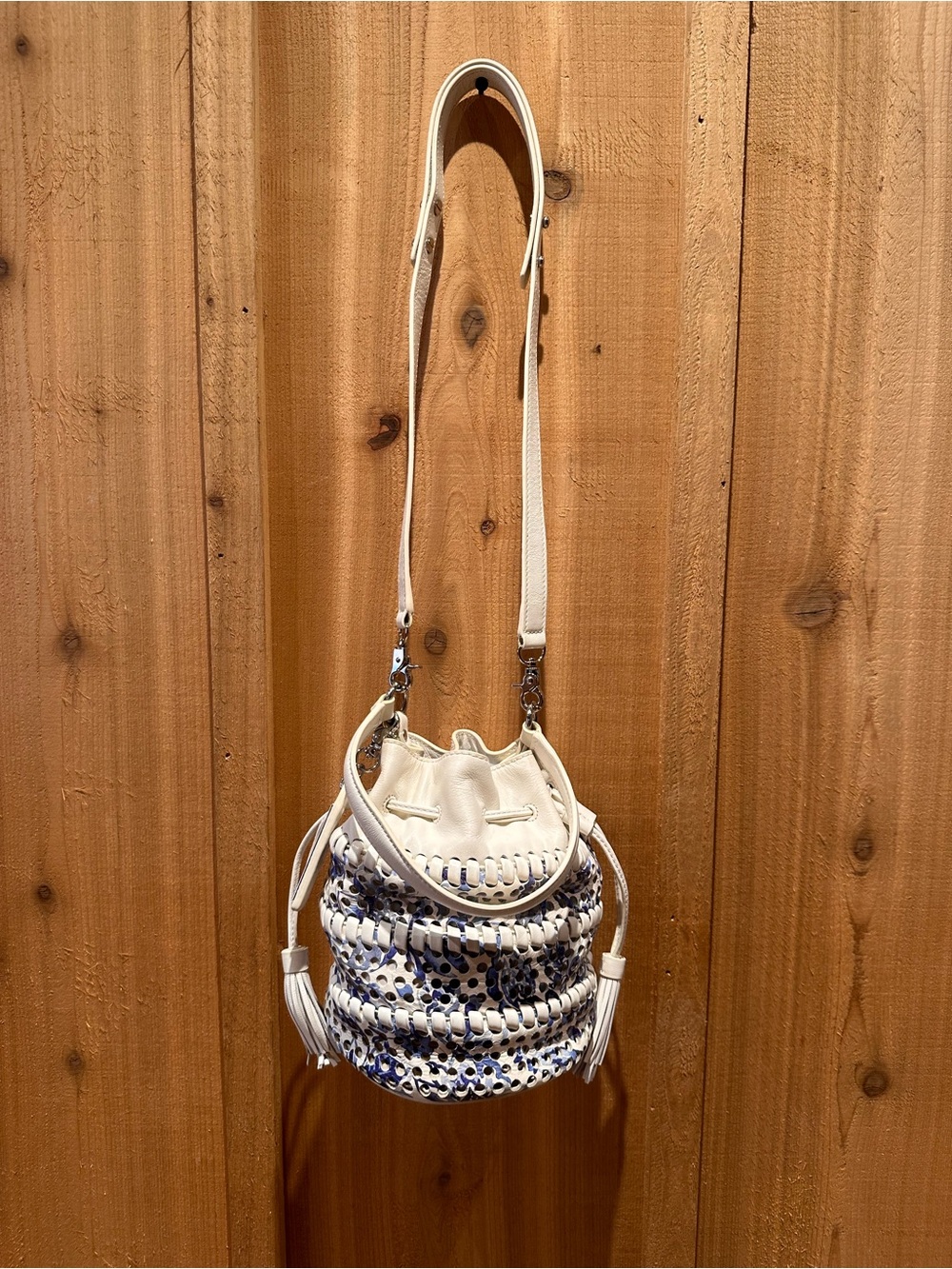 Loeffler Randall Industry White and Blue Drawstring Bucket Bag - Picture 2 of 10